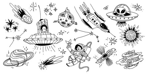 Hand drawn black ink space doodle set with astronaut, rocket, stars and UFOs, planets, meteors, and cosmic objects. Sketches isolated on white background, crayon set for creative projects and designs. © klyaksun