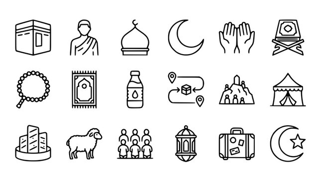 Islamic Hajj pilgrimage and Ramadan celebration linear icon set featuring Kaaba mosque lantern prayer hands and holy culture symbols vector