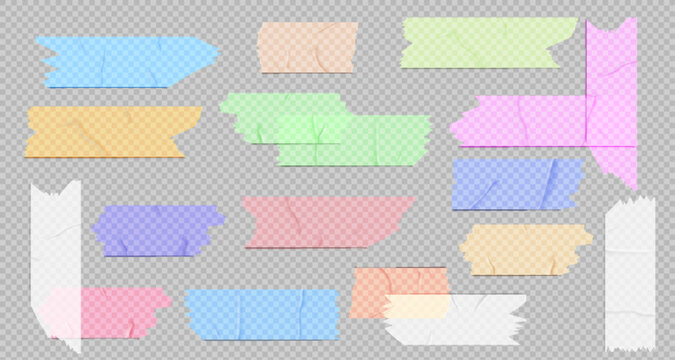 Vector set of pastel colored adhesive masking tapes. Realistic sticky paper strips isolated on transparent. Blue, pink, yellow, green and purple patches with torn edges, scrapbook elements