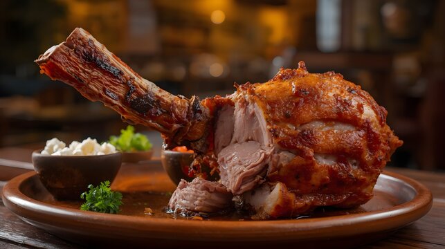 Crispy Roasted Pork Knuckle Schweinshaxe with Bone on Clay Plate