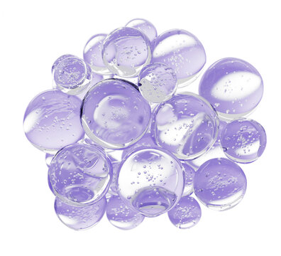 Purple water gel bubbles, collagen serum drops, hyaluronic shampoo texture, floating lavender soap balls. Liquid cosmetic spheres of moisture cream, beauty oil skincare 3d background