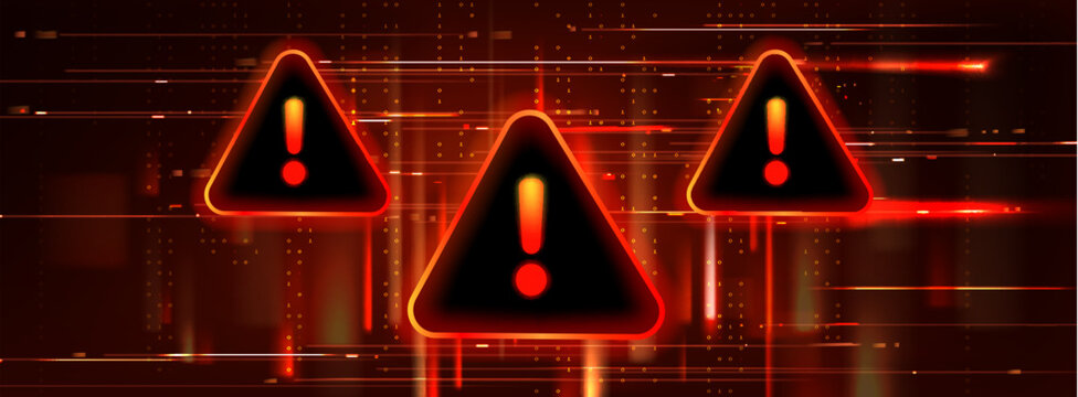 Red cyber attack warning background with glowing triangle exclamation sign. Vector scam alert technology with digital data code and glitch effect. Danger of fraud, virus or hacking concept