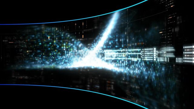 Abstract particle motion with vibrant colors, digital flowing particles, VR, futuristic sci-fi, tech innovation, and immersive cyber space background