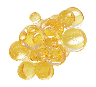 Golden transparent liquid bubbles floating on soft shimmering background. Gold collagen oil drops, luxury beauty serum, anti-aging skincare essence. Yellow water, honey, syrup blobs