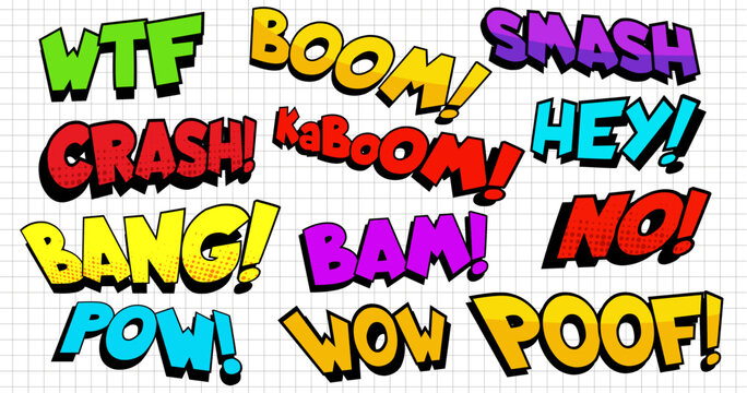 Comic pop art sticker with wow text effects. Vector cartoon set of colorful bold boom, crash, poof, bang exclamations, social media speech bubbles, manga style burst elements for y2k banner design