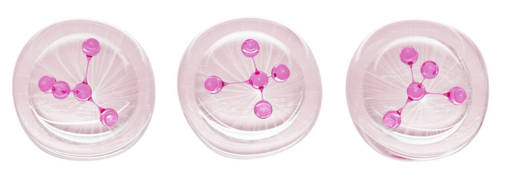 Pink 3d molecule in transparent liquid bubble set isolated on light rose water background. Bio cosmetics, hair vitamin, collagen peptide serum, gel cleanser drops for face skin care