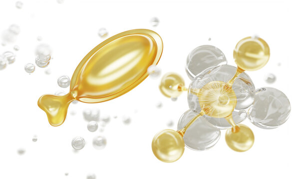 Yellow fish shape omega 3 softgel capsule with gold molecule bubbles on transparent liquid 3d background. Oil vitamin pill and salmon DNA PDRN serum drops for skin and hair treatment