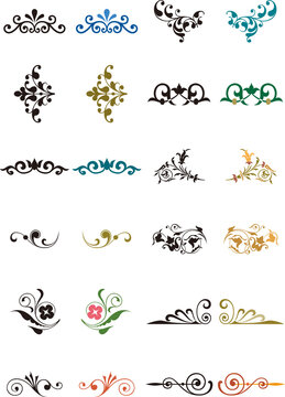 set of decorative elements for design, collection of 12 decorative vector design elements (vignettes, calligraphic flourishes, corner motifs, and page dividers) arranged in six rows.