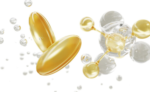 Yellow softgel capsules and gold molecule in clear liquid bubble on light 3d background. Fish oil or omega 3, vitamin supplement for skin and hair. Pharmacy pills, luxury cosmetic lab