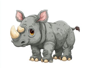 Fototapeta premium Cute Cartoon Baby Rhinoceros With Big Expressive Eyes Isolated On A Plain White Background