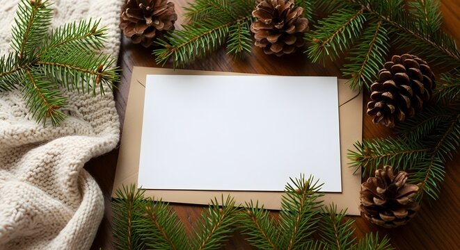 Christmas background with a blank card, pine cones, and a knitted sweater on a wooden table top view, flat lay, copy space for text
