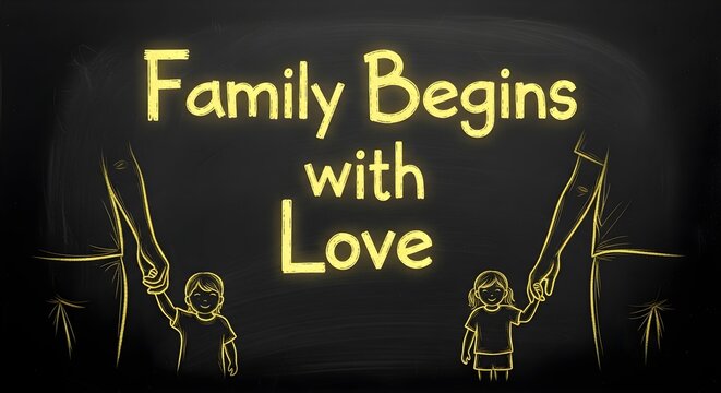 Chalkboard illustration of a family with parents holding hands with their children, accompanied by the text family begins with love, representing love, care, and family values