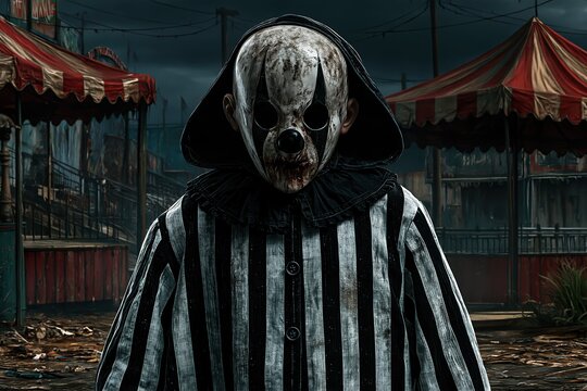 Creepy masked carnival character with a distorted porcelain mask in a dark abandoned fairground