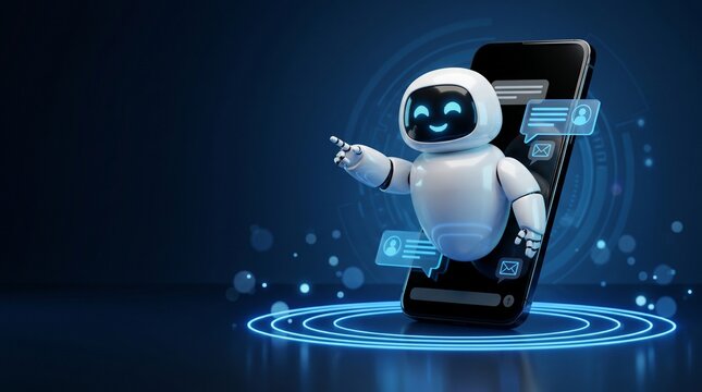 3D rendered AI chatbot robot emerging from a smartphone screen, pointing with glowing blue chat message icons, symbolizing digital customer support and smart technology.