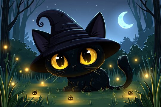 A cute black kitten wearing a witch hat sits in a magical forest under a glowing crescent moon
