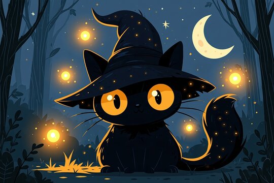 A cute black cat wearing a witch hat sits in a magical forest illuminated by glowing fireflies