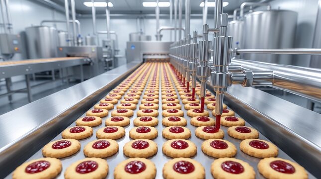 Automated machine precisely deposits bright red fruit jam onto fresh golden butter cookies moving along a metallic industrial conveyor belt