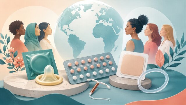 Women stand around a globe with contraceptive methods. Diverse faces represent reproductive choice worldwide. World Contraception Day promotes family planning.