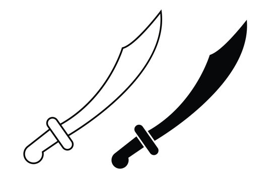 Vector illustration showing two curved cutlass sword designs: a simple line art icon and a solid black silhouette.