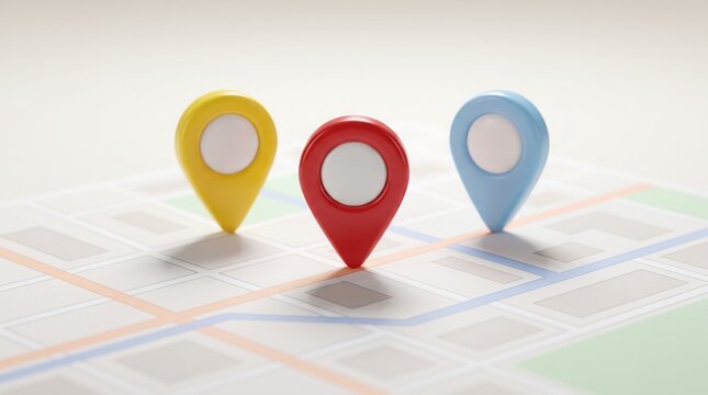 Glossy three dimensional map pins in red yellow and blue colors stand vertically on a stylized city street map surface
