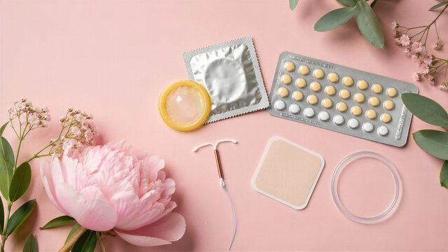 Contraceptive methods rest on a pink surface, including a condom, pills, patch, IUD, and ring. Flowers frame the flat lay. World Contraception Day promotes choice.