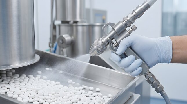 Pharmaceutical Worker Spraying White Tablets on Production Line