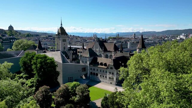 Aerial View of Historic Castle and Modern Extension in Zurich, Switzerland