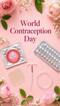 Contraceptive methods and birth control devices form a flat lay. Flowers frame the pink setting. World Contraception Day supports reproductive health.