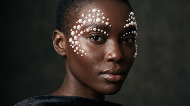 High fashion portrait of young Black woman decorated with elegant pearl gems on face skin