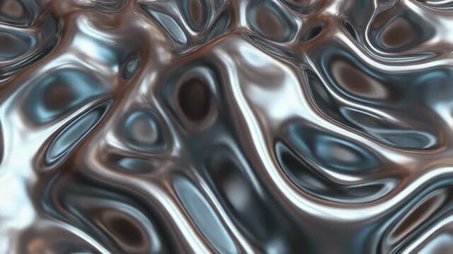 Metallic liquid surface flowing with organic undulating patterns in soft studio lighting
