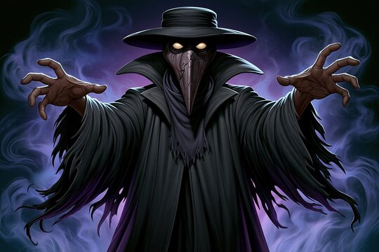 Dark gothic plague doctor character with a cracked mask and glowing eyes for Halloween celebration