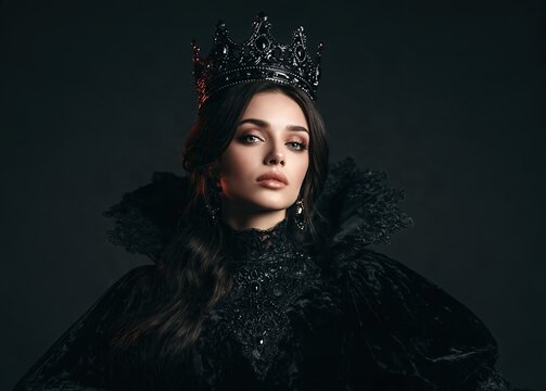 A portrait of a woman wearing an elegant dark queen costume with a black crown and velvet gown