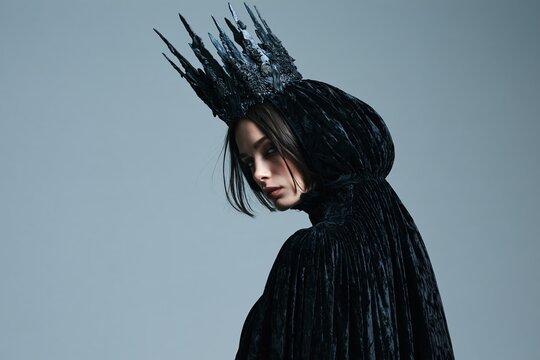Elegant dark queen wearing a jagged black crown and a flowing velvet hooded cloak for Halloween