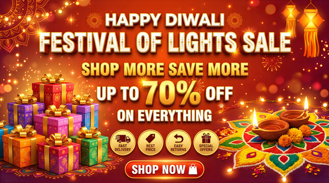 Happy diwali festival of lights sale banner with gift boxes and traditional lamps with seventy percent off discount offer