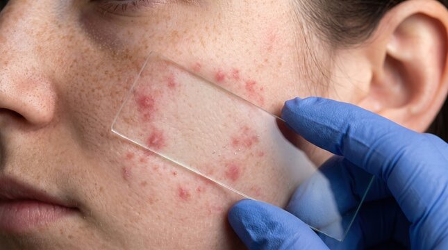 Dermatologist holding glass microscope slide against inflamed acne prone skin on patient cheek