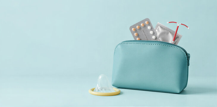 Contraceptive supplies surround an open pouch. Pills, condom, and intrauterine device support reproductive planning. World Contraception Day highlights Banner with copy space