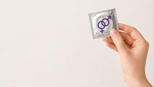 Hand holding a condom packet with gender symbols. Light background offers copy space. World Contraception Day promotes safe sex and reproductive choice.