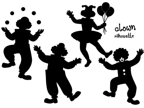 Silhouette of Clowns Performing with Balloons and Juggling