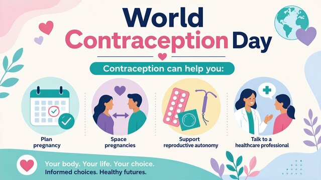 World Contraception Day infographic explains family planning. Icons show birth control and a woman consulting a doctor. It promotes informed reproductive health choices.