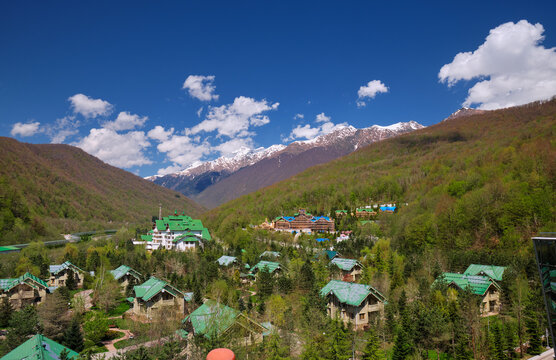 Mountain tourist center surrounded by the Caucasus Mountains in Estosadok. Sochi. Russia
