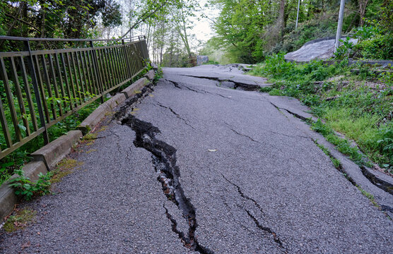 A section of road destroyed by a landslide. Natural disaster.