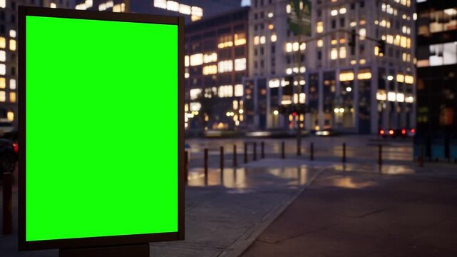 Green screen billboard mockup in a modern city at dusk as the city lights come on, cloudy sky. Timelapse of street traffic with defocused buildings and glowing windows in the background. Replace the