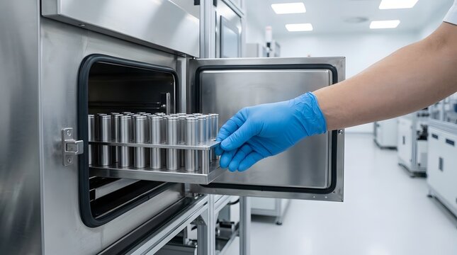 Lab Technician Loading Glass Vials into Autoclave Sterilizer