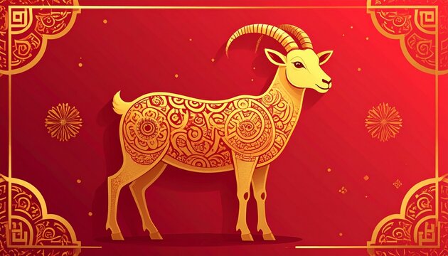 Stylized golden goat zodiac symbol against red background for chinese new year with lunar calendar gold goat decorative art