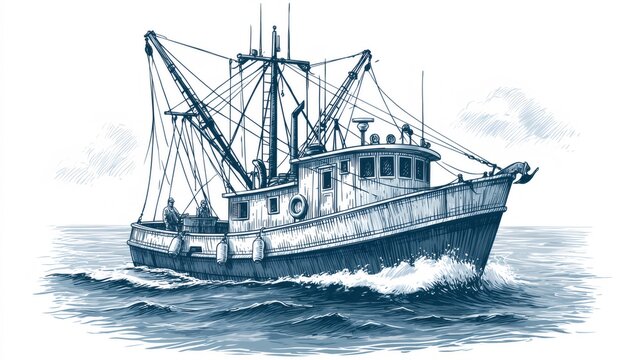 Commercial fishing trawler sailing blue ocean water