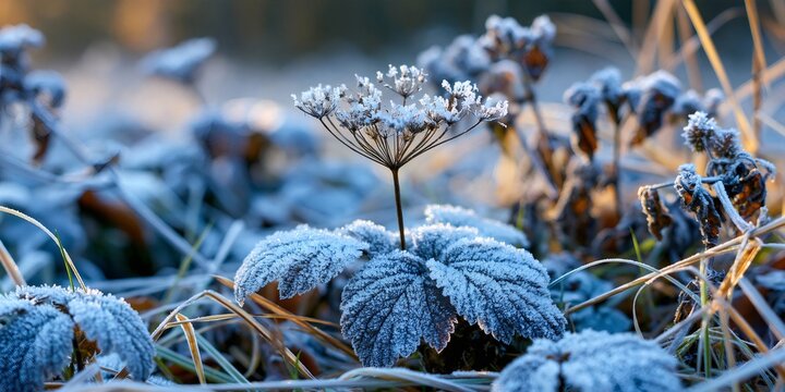 Frost covering plants and grass in winter morning light