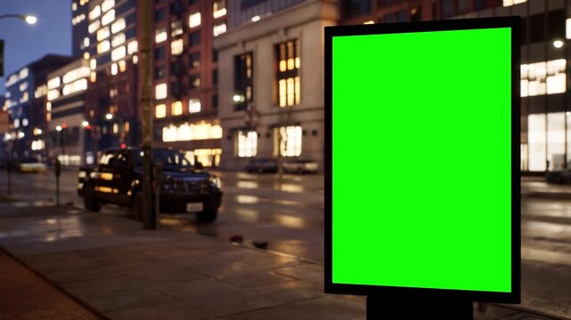 Vertical green screen citylight sign on a downtown street late at night under street lamps, overcast sky. Time lapse of city traffic, bokeh lights and moving cars. Clean chroma key area for