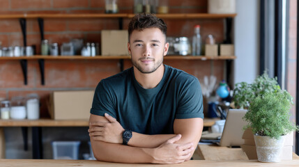 Fototapeta premium Young man entrepreneur casual confident smiling arms crossed indoor workspace