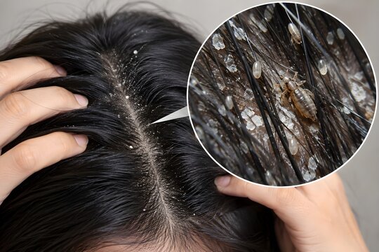Close up of head lice and nits on human hair with magnified view