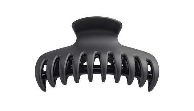 Matte black plastic hair claw clip isolated on a clean white background featuring a minimalist design elegant smooth texture and strong spring mechanism for secure hair styling in daily life